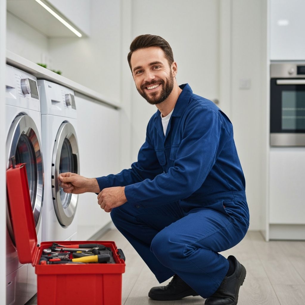 Professional appliance repair technician with toolbox servicing washer and dryer